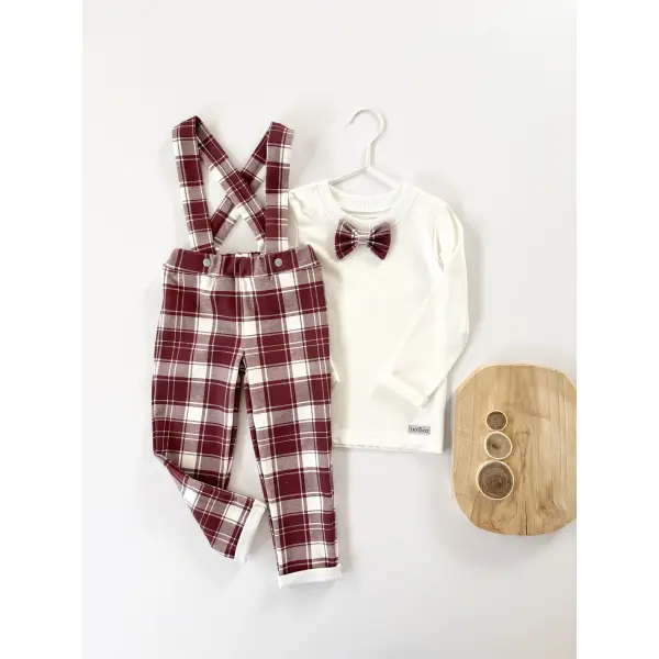 KOMPLET BLUZKA Z MUCHĄ + JOGGERY NA SZELKACH W KRATĘ BURGUND